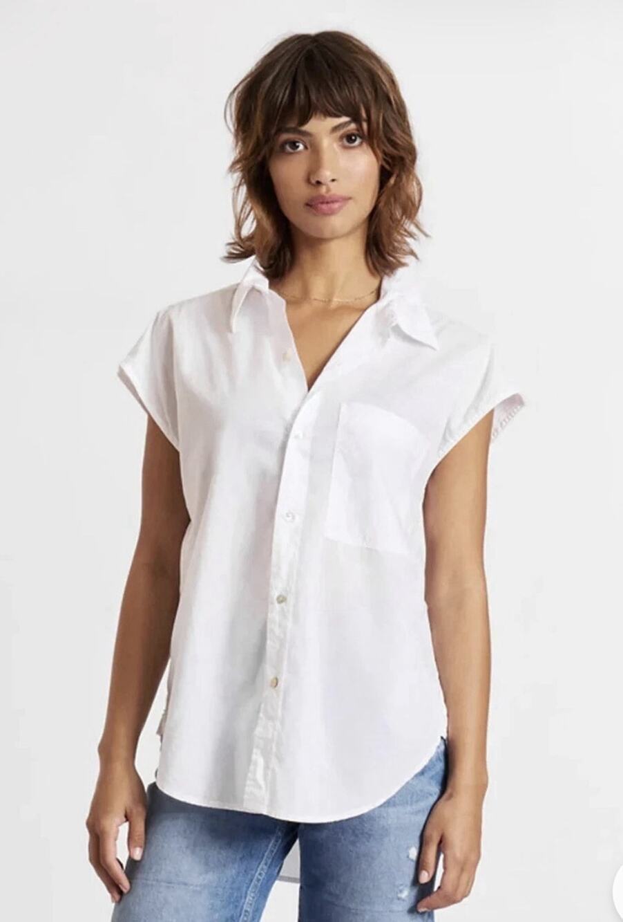 AMO Women’s Ruth Shirt Tunic Small White Ruched Side Sleeveless Button Front